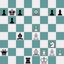 A diagram depicting the final position of a chess game, in which White has been checkmated.  White has pawns on e4, e5, g2, and h2, a knight on g3, bishops on e2 and e7, a rook on f2, and a king on g1.  Black has pawns on a7, b6, c7, g7, h7, a bishop on c4, a rook on d1, a queen on a2, and a king on b7.