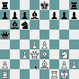 A diagram depicting move 17 in a chess game, with Black to move.  White has pawns on a2, c3, d4, e4, g2, and h2, a knight on g3, bishops on e3 and e2, rooks on a1 and f1, a queen on d3, and a king on g1.  Black has pawns on a7, b7, c7, f7, g7, h7, bishops on b6 and d7, a knight on c6, rooks on a8 and h8, a queen on a5, and a king on e8.