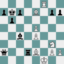A diagram depicting move 28 in a chess game, with White to move.  White has pawns on e4, e5, g2, and h2, a knight on g3, bishops on e2 and e7, a rook on f8, and a king on g1.  Black has pawns on a7, b6, c7, g7, h7, a bishop on c4, a rook on d2, a queen on a2, and a king on b7.