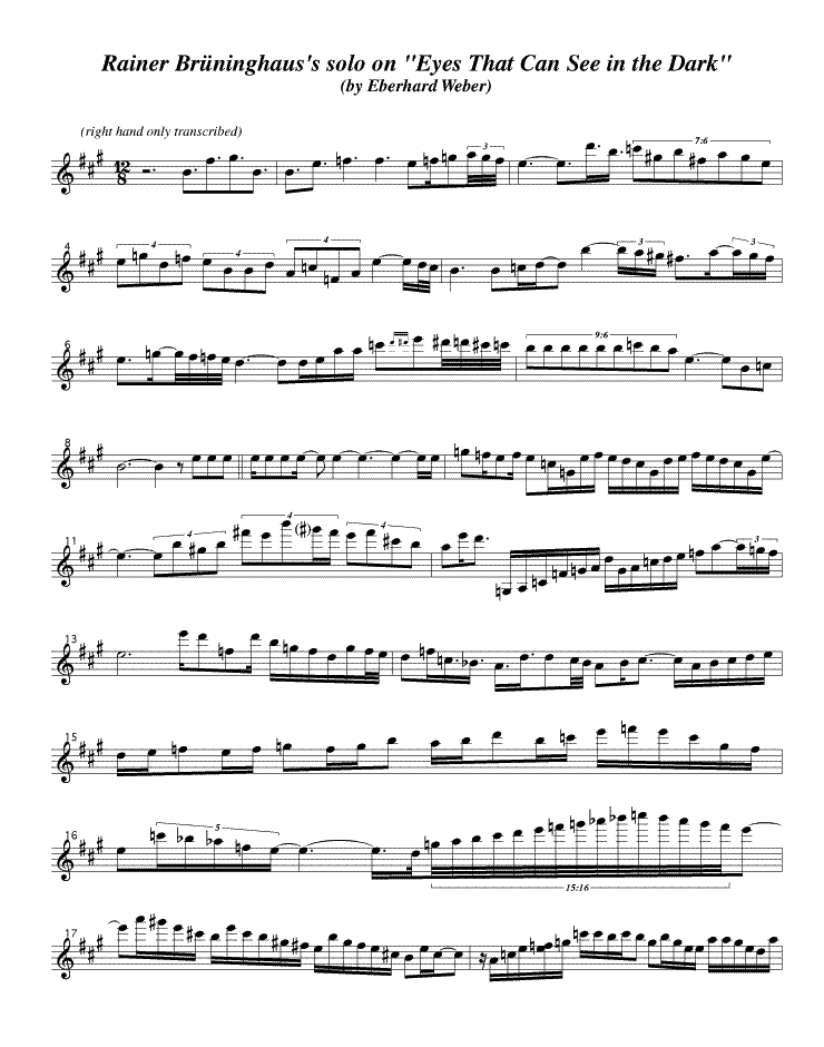 Page one of a transcription of Rainer Bruninghaus's solo on Eyes That Can See in the Dark