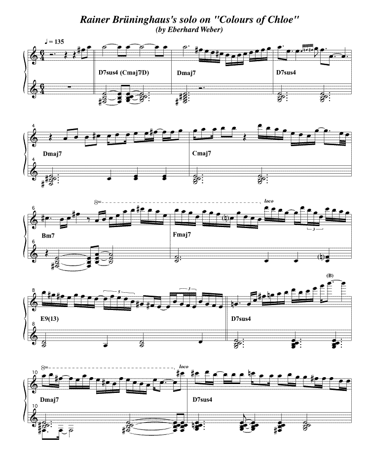 Page one of a transcription of Rainer Bruninghaus's solo on Colours of Chloe