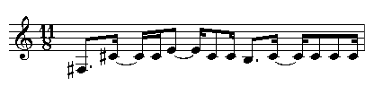A motif in F-sharp minor, in the time signature 11/8.