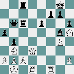 A diagram depicting move 25 in a chess game, with White to move.  White has pawns on a2, b2, c2, g4, and h2, knights on h5 and b3, rooks on d1 and f1, a queen on d3, and a king on b1.  Black has pawns on a5, b4, b5, e6, f7, g7, h6, a bishop on g5, rooks on c6 and c8, a queen on b6, and a king on g8.