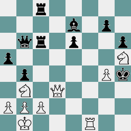 A diagram depicting move 30 in a chess game, with White to move.  White has pawns on a2, b2, c2, and g4, knights on h5 and b3, a rook on f1, a queen on d3, and a king on b1.  Black has pawns on a5, b4, b5, e6, g7, h6, a bishop on e7, rooks on c6 and c8, a queen on b6, and a king on h4.