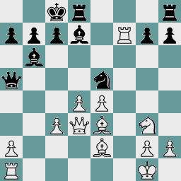 A diagram depicting move 17 in a chess game, with Black to move.  White has pawns on a2, c3, d4, e4, g2, and h2, a knight on g3, bishops on e3 and e2, rooks on a1 and f7, a queen on d3, and a king on g1.  Black has pawns on a7, b7, c7, g7, h7, bishops on b6 and d7, a knight on e5, rooks on d8 and h8, a queen on a5, and a king on c8.