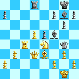 A diagram depicting move 28 in a chess game, with Black to move.  White has pawns on a2, b3, d5, f2, g3, and h2, a knight on e4, a bishop on e3, a rooks on c4, a queen on d3, and a king on g1.  Black has pawns on a7, e5, f7, g6, h7, bishops on g7 and f5, a rooks on d8, a queen on g4, and a king on g8.
