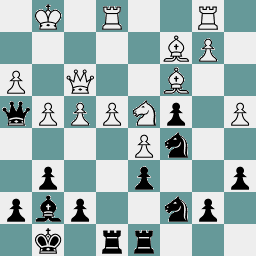 A diagram depicting move 22 in a chess game, with Black to move.  White has pawns on a4, b2, d5, e4, f4, g4, and h3, a knight on d4, bishops on c3 and c2, rooks on b1 and e1, a queen on f3, and a king on g1.  Black has pawns on a6, b5, c4, d6, f7, g6, h7, a bishop on g7, knights on c7 and c5, rooks on d8 and e8, a queen on h4, and a king on g8.