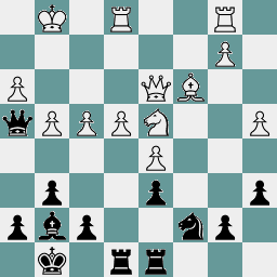 A diagram depicting move 22 in a chess game, with Black to move.  White has pawns on a4, b2, d5, e4, f4, g4, and h3, a knight on d4, a bishop on c3, rooks on b1 and e1, a queen on d3, and a king on g1.  Black has pawns on a6, b5, d6, f7, g6, h7, a bishop on g7, a knight on c7, rooks on d8 and e8, a queen on h4, and a king on g8.
