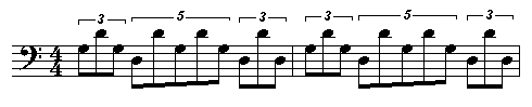 An excerpt from Mike K.'s quartet.  The rhythmic figure is an eighth-note triplet, followed by a quintuplet, followed by an eighth-note triplet, all in one bar of 4/4.