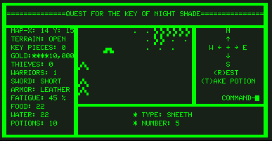 A screenshot of the old TRS-80 Model I or Model III game, Quest for the Key of Night Shade